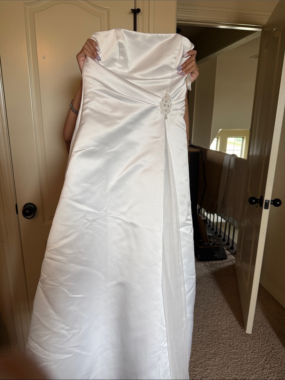 David's Bridal White Strapless Satin Wedding Dress with Brooch Detail
